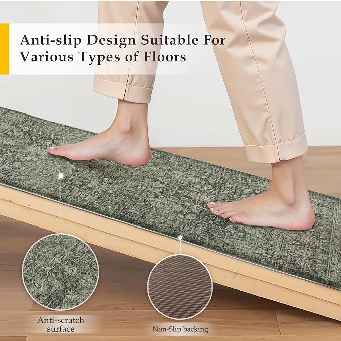 PureCozy Kitchen Mats 2PCS Anti Fatigue Cushioned Mat Green Vintage Kitchen Mats for Floor Waterproof Non Slip Comfort Standing Distressed Rug for Sink Laundry Office 17.3"x47"+17.3"x30"