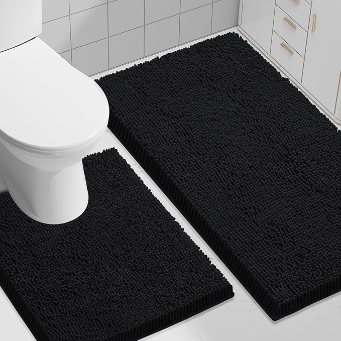Smiry Bathroom Rugs Set 2 Piece, Soft Absorbent Chenille Bath Mat and U-Shaped Toilet Rug Set, Non Slip Shaggy Bath Carpet for Tub, Shower and Floor (30x20+24x20, Black)