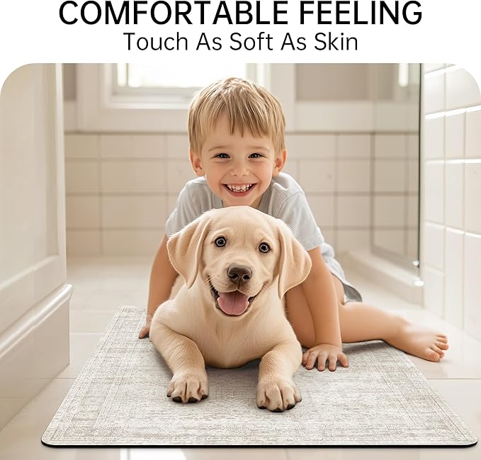 Mecko Bath Mat, Ultra Absorbent Quick Dry Bathroom Floor Mats-Rubber Non-Slip Thin Bathroom Rug Fit Under Door, Faux Suede Surface Shower Rug for Bathtub, Sink, Shower Room(Beige/Brown,16"x24")