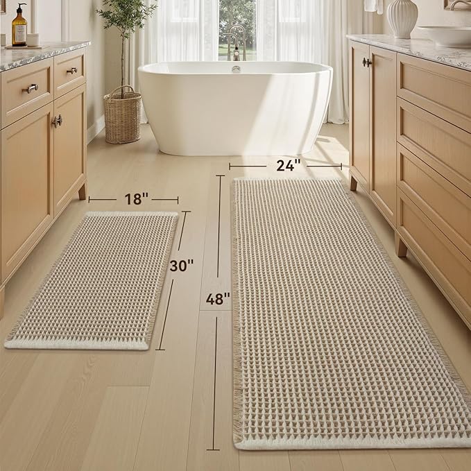 Upgraded Waffle Bath Mat Set of 2 Super Absorbent Non Slip Bath Mats for Bathroom, Washable Boho Bathroom Rugs Set 2 Pieces with Tassels, Soft Bathroom Mat Set, Brown & Cream, 18" x 30" Plus 24" x 48"