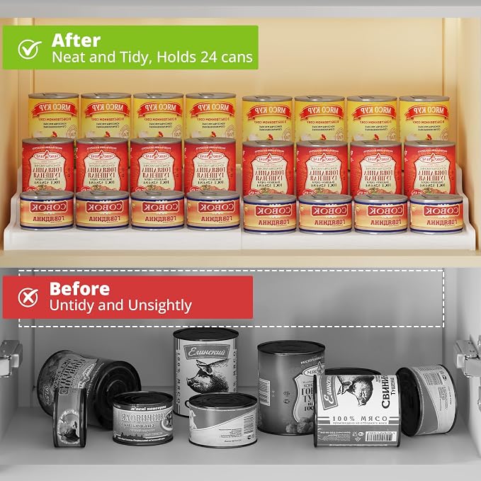 Expandable Bamboo Can Rack Organizer for Pantry, 3-Tier Adjustable Can Storage for Kitchen Cabinets, Soda & Canned Goods Holder for Pantry Organization, Holds Up to 24 Cans, White (Patent Pending)