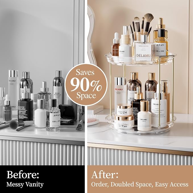 Delamu Rotating Makeup Organizer for Vanity, 2 Tier Bathroom Counter Organizer with Stackable Design, Spinning Skincare Organizer for Bathroom Countertop, Perfume Cosmetic Storage, Clear