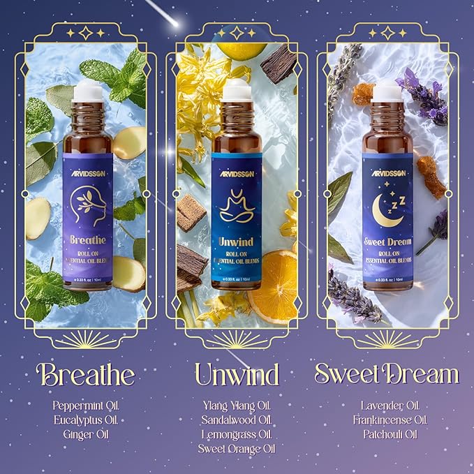 ARVIDSSON Essential Oils Roll On Set, Natural Self Care Essential Oil Blends Gift for Women - Sweet Dream, Unwind, Breahte, Balance, Focus, Happy, Aromatherapy Oil Roller for Body, Massage