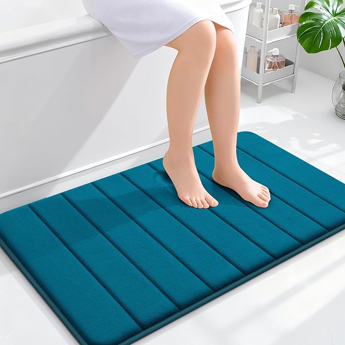 OLANLY Memory Foam Bath Mat 35x24, Super Soft Absorbent Bathroom Rugs, Quick Dry, Machine Washable Shower Floor Rugs, Bathmat Carpet, Bathroom Home Decor Accessories, Peacock Blue