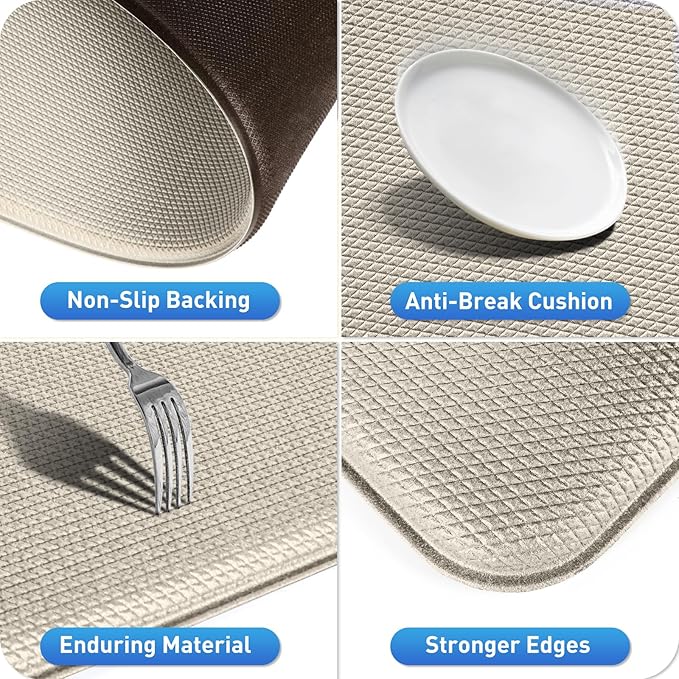 HappyTrends Kitchen Mat for Floor, 2PCS Cushioned Anti-Fatigue Kitchen Rugs, Waterproof Non-Slip Standing Mats and Rugs Set for Kitchen, Office, Laundry, Khaki, 17.3"×30"+17.3"×47"