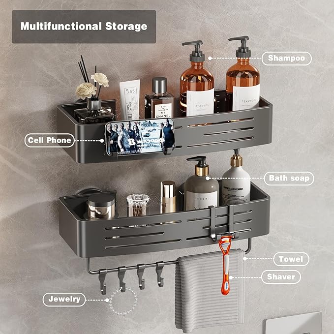 Voldra Adhesive Shower Caddy, 2 Pack Shower Shelves for Inside Shower No Drilling, Aluminum Stick On Showers Organizer with Towel Bar & Hooks Removable Bathroom Shelf Storage Rack(Gray)