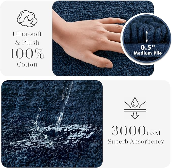 Madison Park Splendor Reversible 100% Cotton Tufted Bathroom Rug-3000 GSM Hotel Quality Luxurious Plush Medium Pile Bath Mat Absorbent, Quick Dry, Shower Room Décor, 24x72 Navy