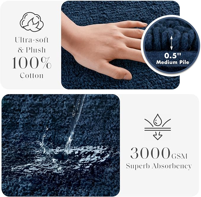 Madison Park Splendor Reversible 100% Cotton Tufted Bathroom Rug-3000 GSM Hotel Quality Luxurious Plush Medium Pile Bath Mat Absorbent, Quick Dry, Shower Room Décor, 24x36 Navy