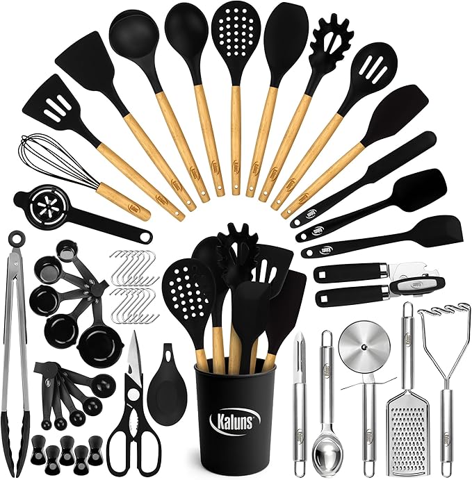 Kaluns 50 PCS Silicone Kitchen Utensils Set Complete Kitchen Set - 800°F Heat Resistant Non-Stick Premium Silicone Cooking Utensils W Wooden Handles - Can Opener, Masher, Turner, Silicone Spatula Set