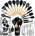 Kaluns 50 PCS Silicone Kitchen Utensils Set Complete Kitchen Set - 800°F Heat Resistant Non-Stick Premium Silicone Cooking Utensils W Wooden Handles - Can Opener, Masher, Turner, Silicone Spatula Set