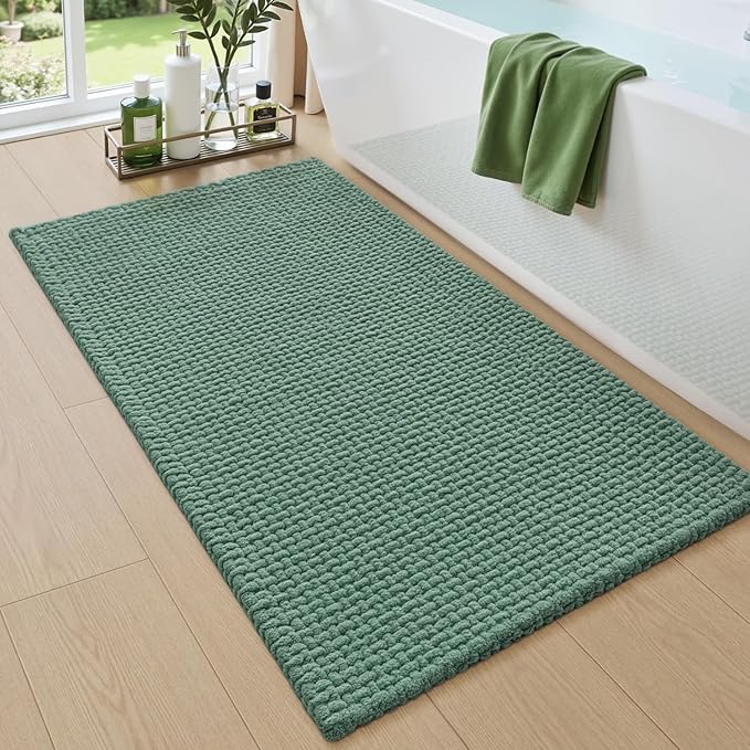 DEXI Bathroom Rugs 43x24, Non Slip Washable Bath Mat, Absorbent Chenille Bathmat, Ultra Soft Thick Carpet for Tub Shower Floor, Green