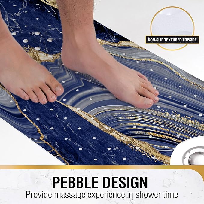 Bathtub Mat Non Slip, 40x16 inch Bath and Shower Safety Mats, Blue Marble and Golden Veins Tub Mat for Bathroom, Tub Shower Mat with Drain Holes and Suction Cups