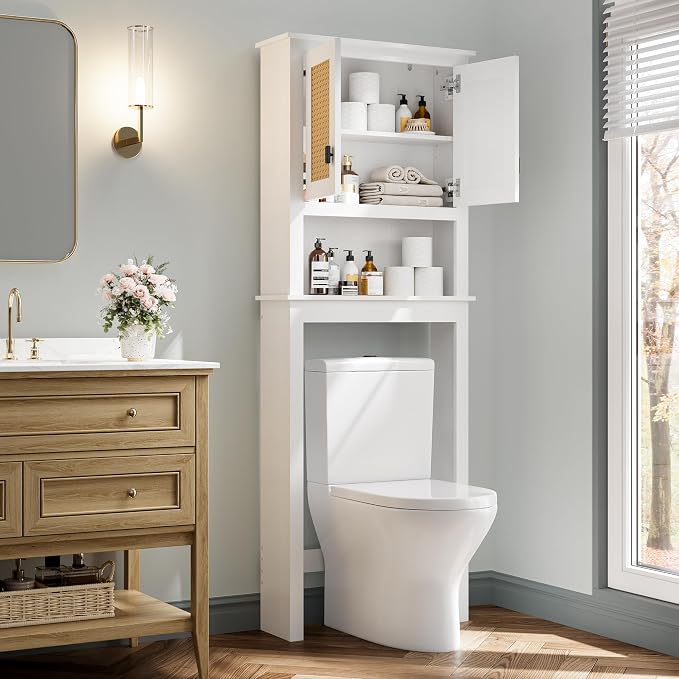 GarveeHome Over The Toilet Storage Cabinet, Farmhouse Over Toilet Bathroom Organizer with Rattan Doors, Freestanding Wood Above Toilet Storage Cabinet with Adjustable Shelf, White