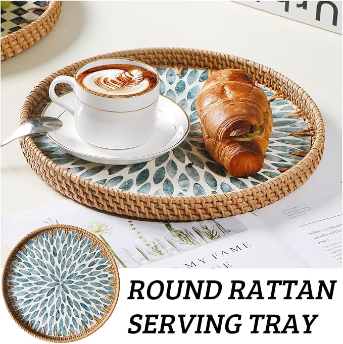 Round Rattan Tray with Mother of Pearl Inlay, Decorative Wicker Serving Tray with Wooden Base, Woven Basket Trays for Bread Fruits Coffee, Light Blue