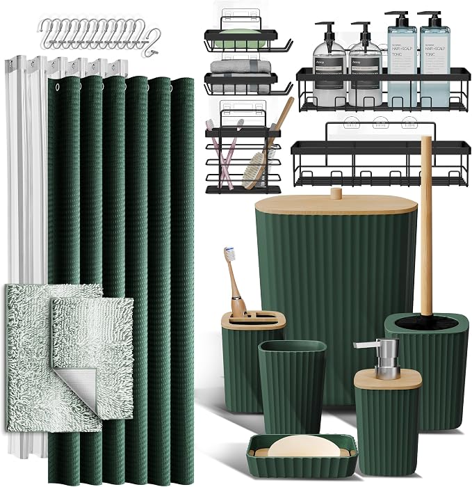 Clara Clark Bathroom Accessories Set - 27PC Bathroom Set with Adhesive Corner Shower Caddy Hanging, Bathroom Sets with Shower Curtain and Rugs, Ombre Green Shower Curtain Set with Bathroom Trash Can