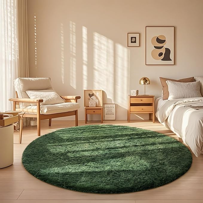 Ophanie Round Rug 5Ft Grey Green Circle Area Rug, Grayish Green Room Decor, Fluffy Fuzzy Bedroom Carpet, Plush Soft Shaggy Living Room Rugs for Kids Home Aesthetic, Nursery