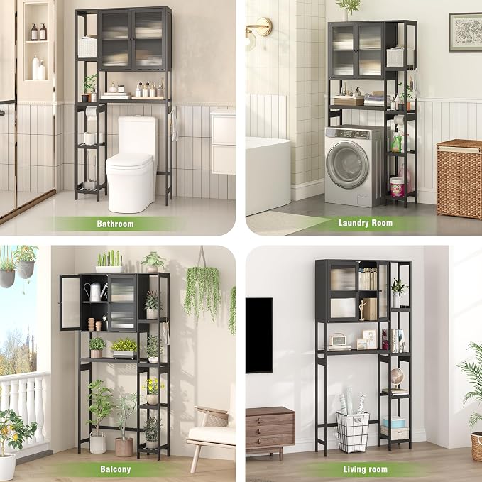 Over the Toilet Storage Cabinet Above Toilet Bathroom Organizer with Toilet Paper Holder Stand Bath Organizer with Adjustable Shelves & Acrylic Doors,Anti-Tip Device (Black)