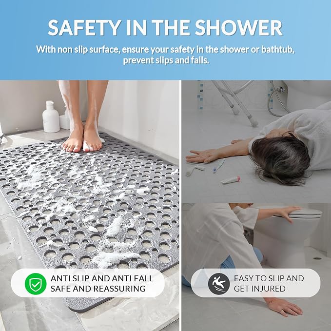 Non Slip Bathtub and Shower Mat, 30x17 in (75x43 cm), Soft Bath Tub Mat with Suction Cups and Bigger Drain Holes, Machine Washable & Quick Easy Dry, Non Slip Bath Mats for Inside Shower, Gray