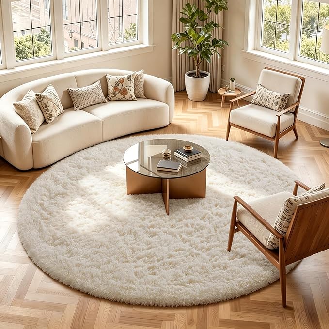 Ophanie Round Rugs 8Ft Ivory Circle Area Rug, Aesthetic Room Decor, Fluffy Fuzzy Bedroom Carpet, Plush Soft Shaggy Cream Living Room Rugs for Kids Home, Nursery