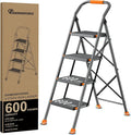 Step Ladder Foldable Folding Stool - for Home Adults Kitchen 4 Stepping Extension Tall Heavy Duty with Handrails - Closet Stepstool Stair Ladders Extendable Stepladder for Indoor House 600Lbs