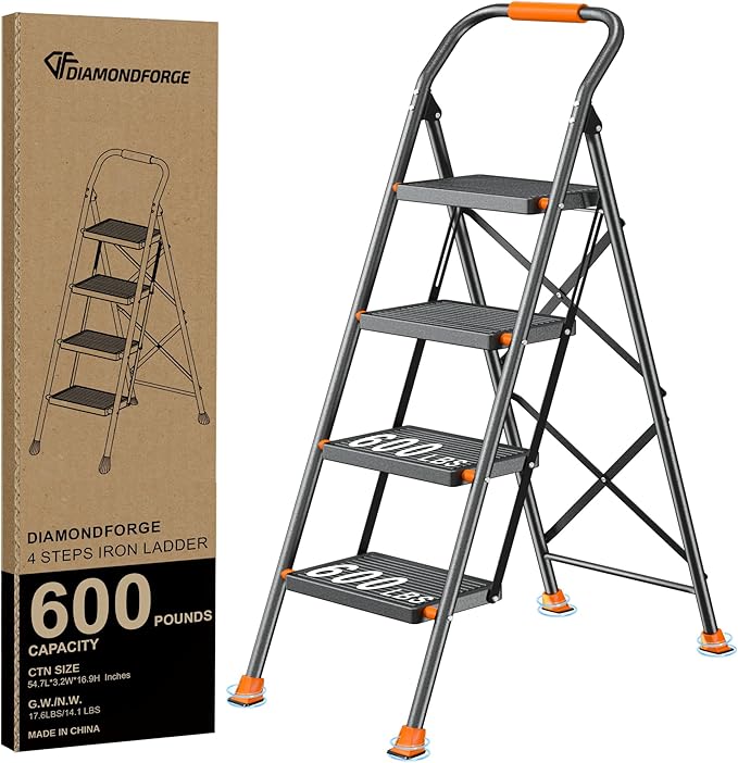 Step Ladder Foldable Folding Stool - for Home Adults Kitchen 4 Stepping Extension Tall Heavy Duty with Handrails - Closet Stepstool Stair Ladders Extendable Stepladder for Indoor House 600Lbs