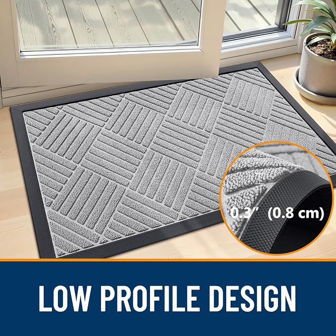 OLANLY Front Door Mat Outside Entrance 29.5x17, Absorbent, Heavy Duty Sturdy Natural Rubber Doormat Indoor Outdoor, Stain Fade Resistant, Non-Slip Low Profile Floor Mat Entryway, Light Gray Diamond
