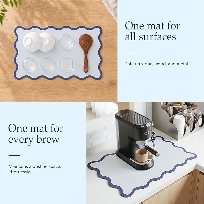 Scalloped Dish Drying Mat for Kitchen Counter, Absorbent Easy Clean Non-slip Coffee Bar Station Accessories, Trendy Cute Aesthetic Modern Drainer Kitchen Drying Mat, Blue 15" x 24"