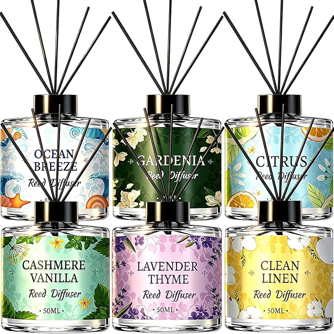 Reed Diffuser Set of 6 Pack, Home Fragrance Reed Diffuser with 24 Sticks, Scented Essential Oil Air Freshener for Home, Bathroom, Bedroom, Office Decor, Long Lasting Room Freshener Gift -Each 1.69oz