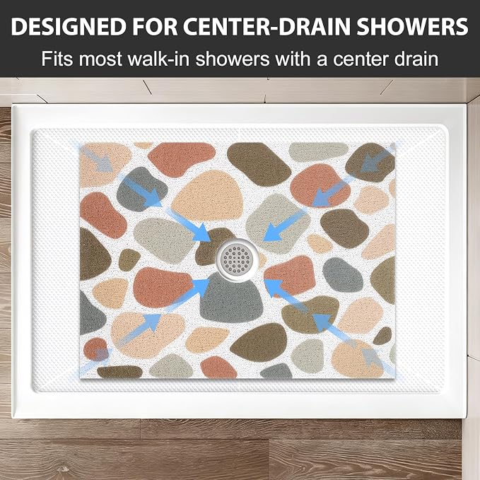 Non Slip Shower Mat: 32x24 Inch Extra Large Shower Mats for Inside Shower with Drain Hole in Middle - Soft PVC Loofah Anti Slip Shower Floor Mat for Standing and Walk-in Shower, Quick Drying