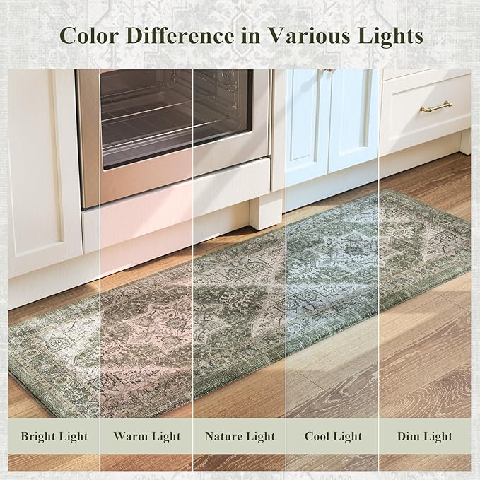 KIMODE Anti Fatigue Mats for Kitchen Floor, Green Distressed Kitchen Rugs Sets of 2, Spring Memory Foam Kitchen Mats for Floor, Waterproof Standing Mats for Sink Laundry Office Desk 17"x47"+17"x29"