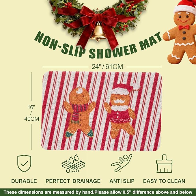 Hargiis Christmas Non-Slip Bathtub Mat, Anti Slip Shower Mat, Fast Drying Bathtub Mats, Foot Scrubber Mat, Anti Slip Mat for Tub, Floor, Bathroom, Kitchen, Home, Hotel (Gingerbread Santa, 24"x16")