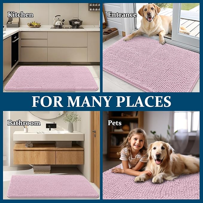 OLANLY Dog Door Mat for Muddy Paws 47x24, Absorbs Moisture and Dirt, Absorbent Non-Slip Washable Doormat, Quick Dry Chenille Mud Mat for Dogs, Entry Indoor Entryway Carpet for Inside Floor, Dusty Rose