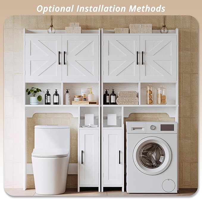 IRONCK 67" Farmhouse Over The Toilet Storage Cabinet, Bathroom Organizer with Door, Adjustable Shelves, Side Cabinet and Toilet Paper Holder, Shelf Cabinet for Bathroom, Restroom, Laundry, White