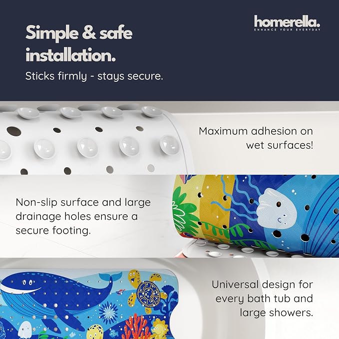 Bath Tub Mat Non Slip Anti Mold for Kids BPA Free INCL Hooks - homerella® Ocean Sea Animals 40x16, Baby Bath Mat Non Slip 200 Suction Cups, Non Toxic Machine Washable Toddler Bath Mat, EU Certified