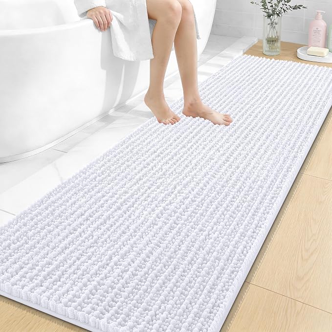 OLANLY Long Bathroom Rugs Runner 70x24, Thick Soft and Absorbent Chenille Bath Mat, Non-Slip, Machine Washable Quick Dry Bath Rugs for Tub Shower Floor, Home Decor Accessories, White