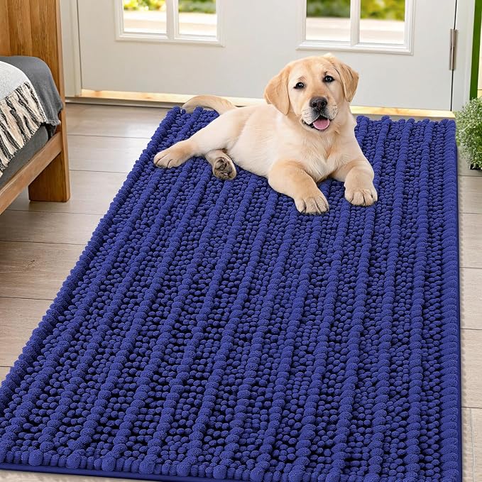 Smiry Dog Door Mat for Muddy Paws 47x32, Absorbent Dirt Trapper, Non-Slip Washable Chenille Entryway Rug for Inside Floor, Navy Blue, Layered Pattern