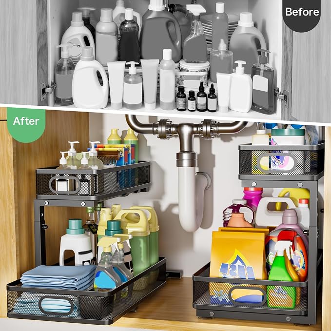 Under Sink Organizer 2 Pack, High Adjustable 2 Tier Under Sink Organizers and Storage, Slide out Metal Cabinet Organizers, Pull out Storage Drawer Shelf for Kitchen Bathroom Cabinet