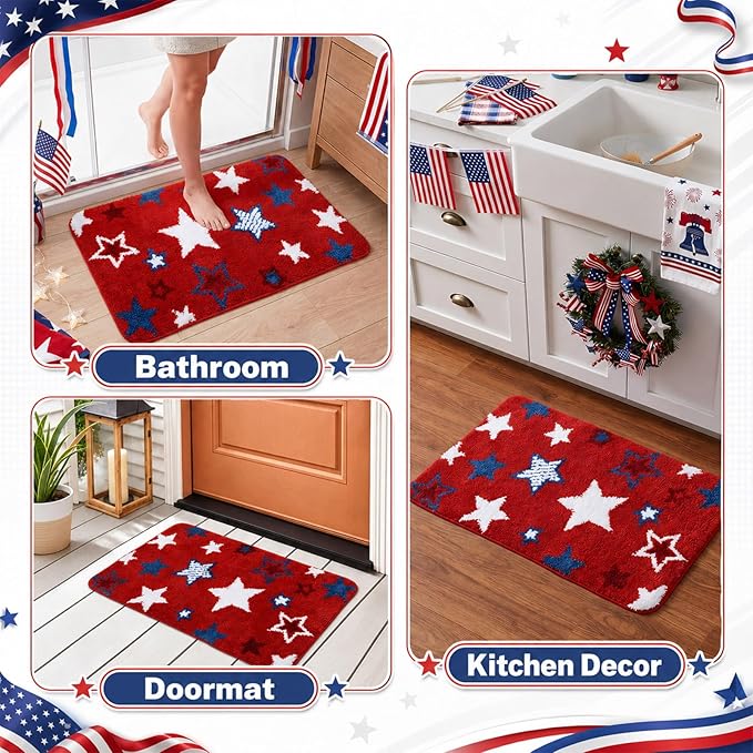 Capoda 1 Pcs Patriotic Bathroom Rug 20 x 30 Inch 4th of July Star Bath Mat Non-Slip Soft Microfiber 4th of July Shower Rug for Independence Day Home Kitchen Bathroom Entrance Decor(Star, Red Blue)