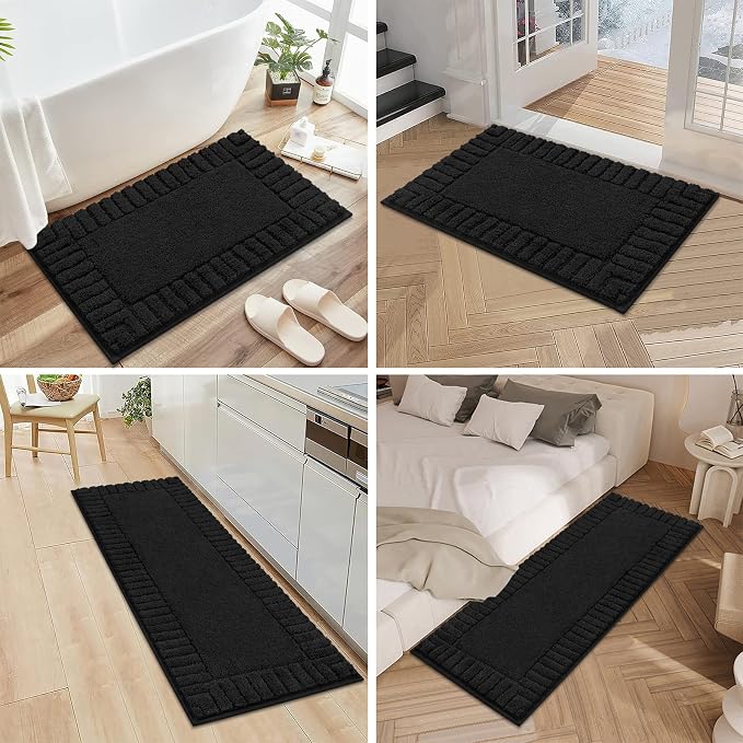 Pauwer Bathroom Rugs Sets 3 Piece Bathroom Shower Rugs with U-Shaped Contour Toilet Mat Absorbent Microfiber Plush Bath Mats Non Slip Bath Rugs Machine Washable Shaggy Bath Mat Set, Black