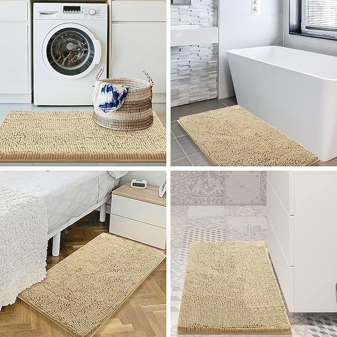 Smiry Luxury Chenille Bathroom Rugs 48x32, Extra Soft and Absorbent Shaggy Bath Mat, Machine Washable, Non-Slip Plush Carpet Runner for Tub, Shower, and Floor, Home Decor Accessories, Beige