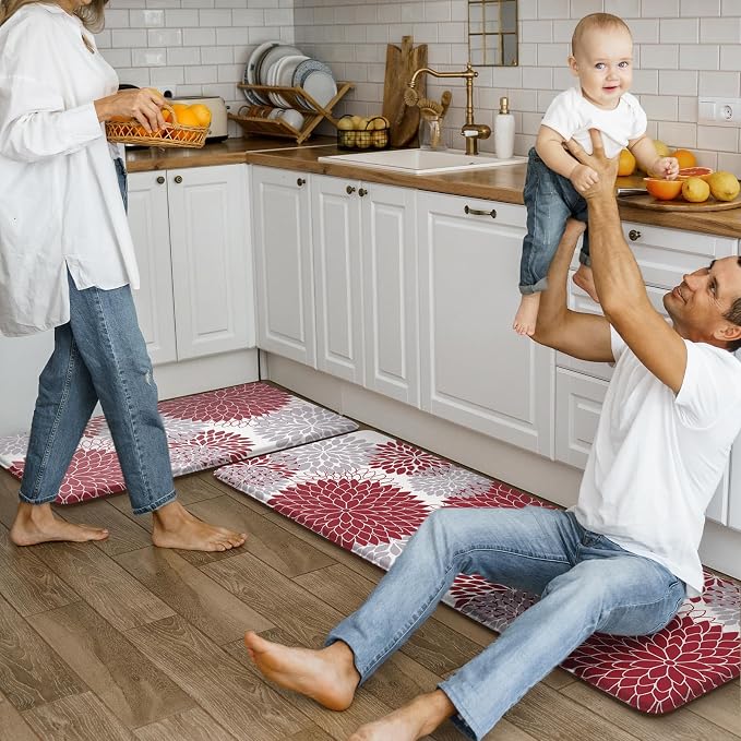 Anti Fatigue Kitchen Mats for Floor 2PCS,17"x47"+17"x29" Farmhouse Dahlia Kitchen Rugs Non Slip Rubber Backing,Waterproof Cushioned Standing Mat for Office,Laundry,Sink,Desk,Red