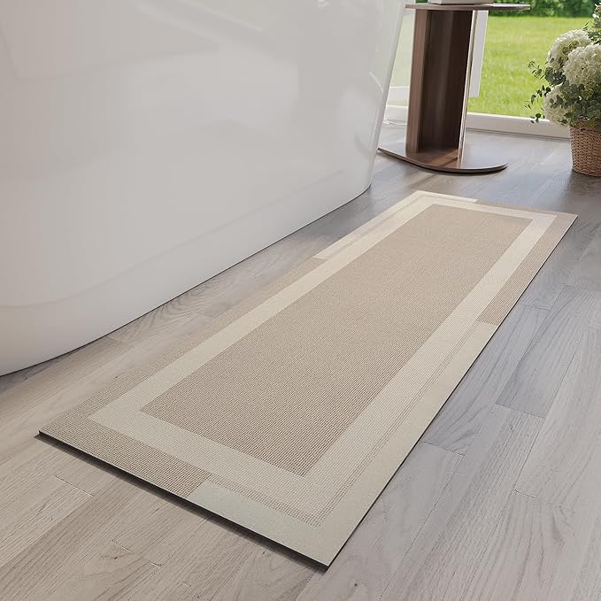 YDKGL Non Slip Long Bath Mat Bathroom Runner, Rubber Backing Ultra Thin Bathroom Rugs Fit Under Door Quick Dry Super Absorbent Washable Bath Rug Shower Mat for Bathtub Sink Floor, Beige 17"x47"