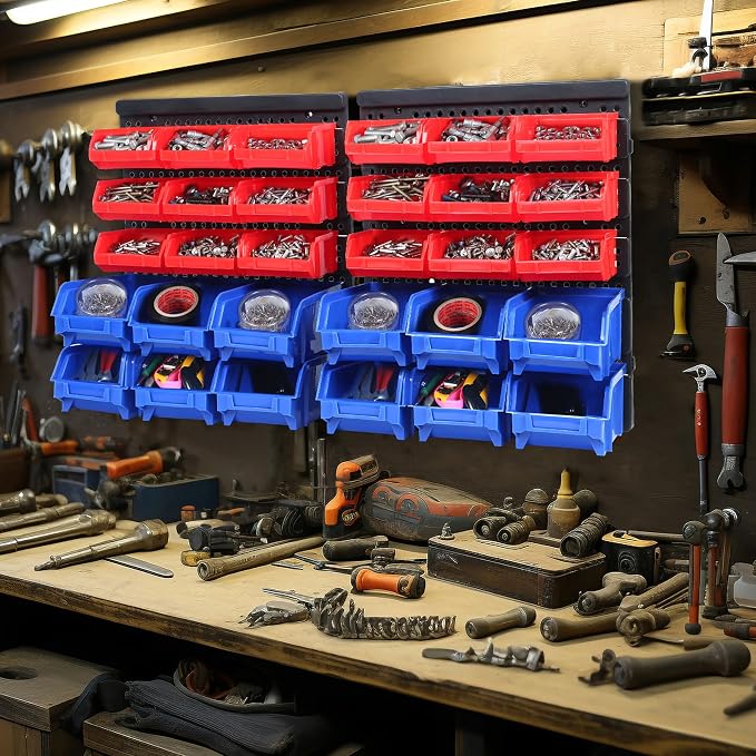 MaxWorks Wall Mount Storage Rack 30 Bin Heavy‑Duty Organizer for Nuts Bolts Screws Nails Beads Buttons and Small Parts for Garage Home and Workshop Blue and Red Bins (80694)