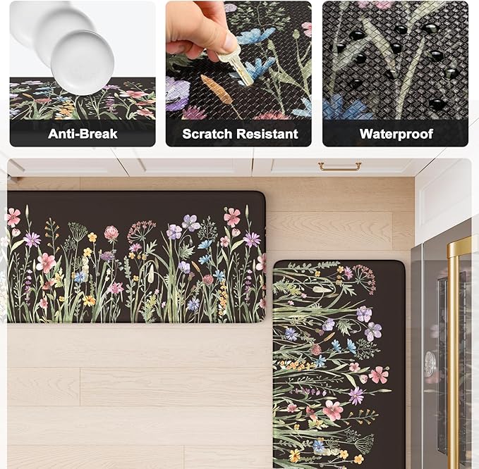 KIMODE Kitchen Mats Cushioned Anti Fatigue, Black Farmhouse Kitchen Rugs Sets of 2, Padded Kitchen Floor Mats, Non Slip Standing Mat for Sink, Laundry, Office, Desk 17"x59"+17"x29"