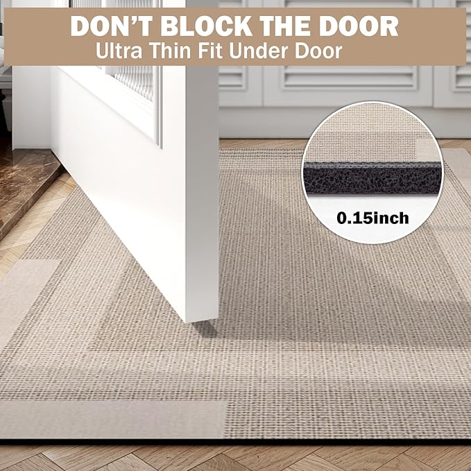 YDKGL Non Slip Long Bathroom Runner Rug Bath Mat, Rubber Backing Ultra Thin Bathroom Rugs Fit Under Door Quick Dry Super Absorbent Washable Shower Mat for Bathtub Sink Floor, Beige 17"x59"