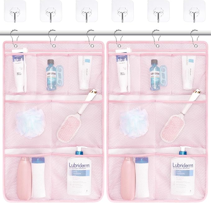 F-color Cruise Essentials 2026 - Mesh Shower Organizer Hanging with 7 Pockets for RV Gym Camping, Quick-Dry Portable Toiletry Bag with Metal Hooks for Bathroom Travel Toiletries, Pink+Pink