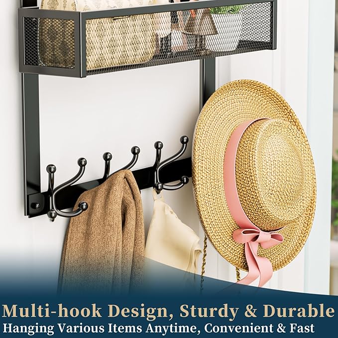 Consumest Over The Door Hooks Organizer - 2 Tier Over Door Hanger with 16 Hooks & 2 Baskets for Hanging Coat, Clothing, Towel, Back Storage for Bathroom, Closet, College Dorm, Black