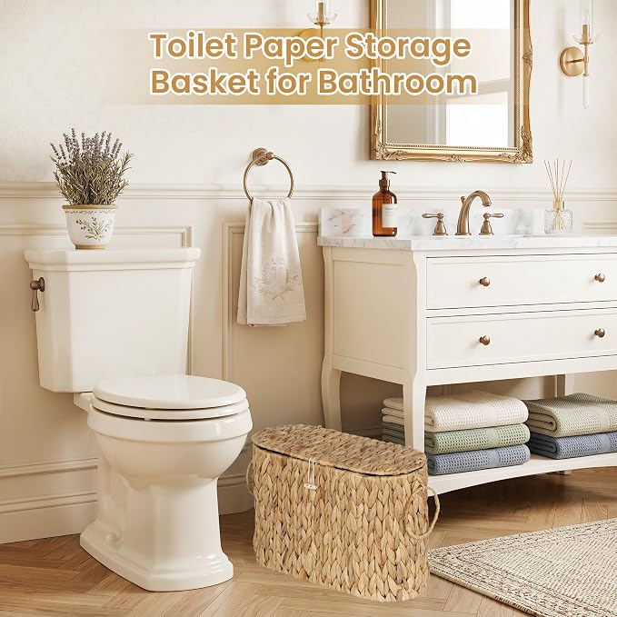 efluky Toilet Paper Storage Basket, Water Hyacinth Slim Toilet Paper Holder with Lid- Holds Up to 9 Mega Rolls, Home Bathroom Decor Organizer