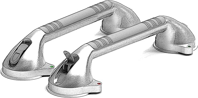 16.5inch Suction Bath Grab Bar with Indicators, Balance Assist Bathroom Shower Handle, Silver/Grey（Pack of 2）