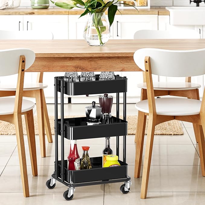 Simple Houseware 3-Tier Compact Utility Rolling Cart, Low 24” Height Fits Under Desk, Space-Saving Storage for Home Office, Dining Room, or Kitchen, Black
